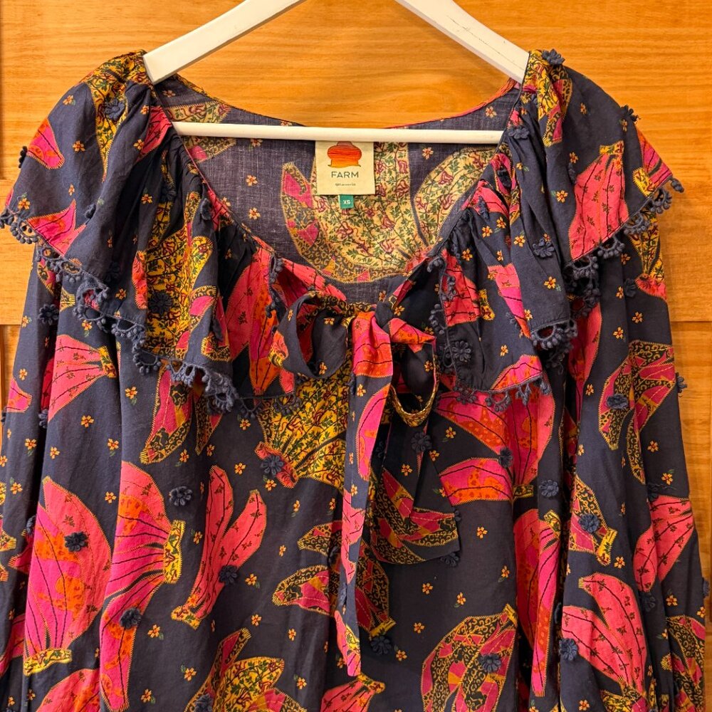 Farm Rio Patchwork Bananas Tie Front Embroidered Boho Navy Blouse Women size XS - Picture 5 of 12